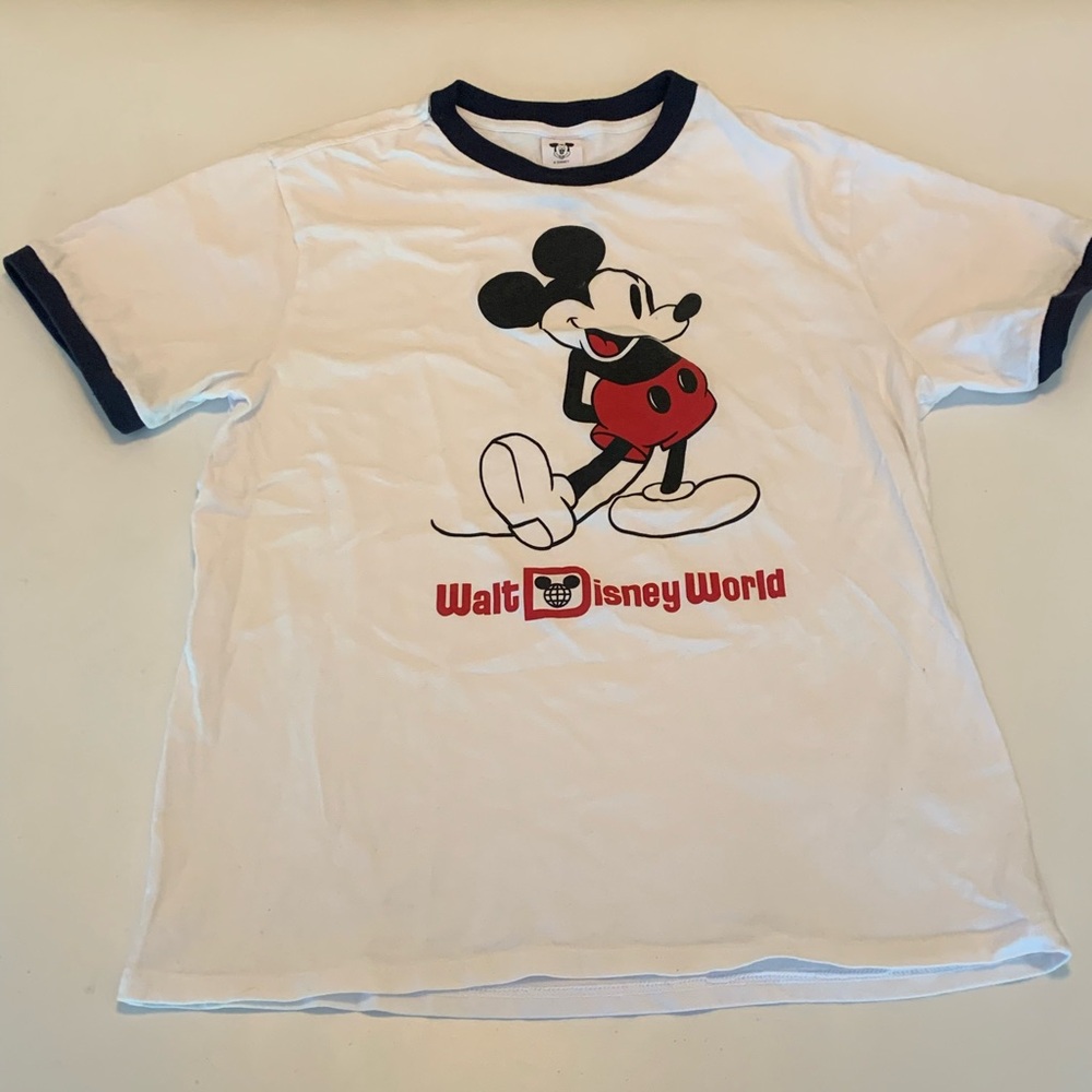 Disney White Ringer Tee with Navy Trim and Red Mickey Graphic Unisex M/L